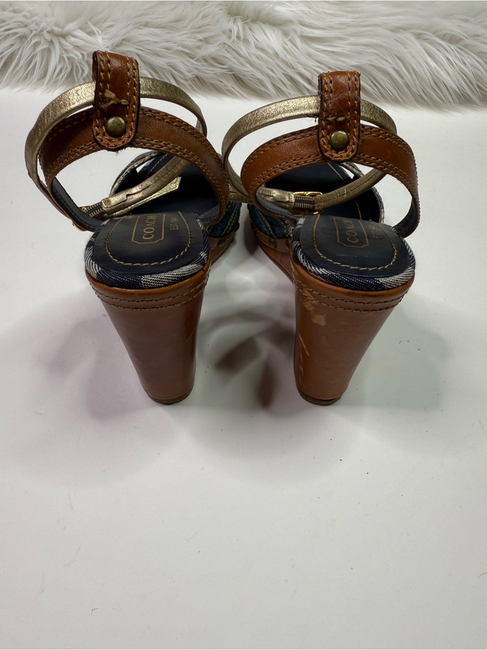Coach Vintage Y2K Wedge Sandals with Denim and Tan Leather Ankle Strap Size 6 - Picture 7 of 8